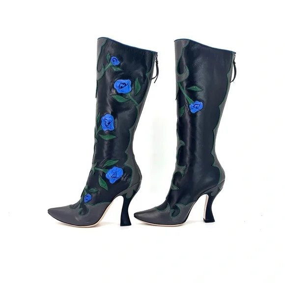 NEW Miu Miu SS 2012 Runway Rose Applique Western Pointed Toe Knee High Boots 37 - Picture 6 of 11